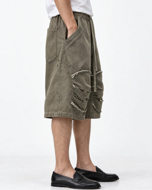 Raw Edge Knee Patch Drawstring Shorts