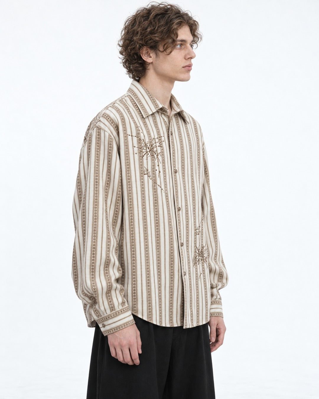Embroidered Striped Button-Up Shirt