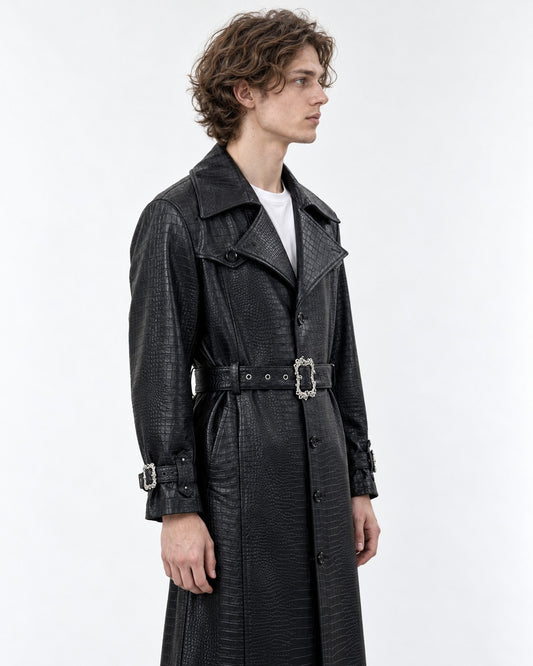 Croc-Embossed Belted Trench Coat