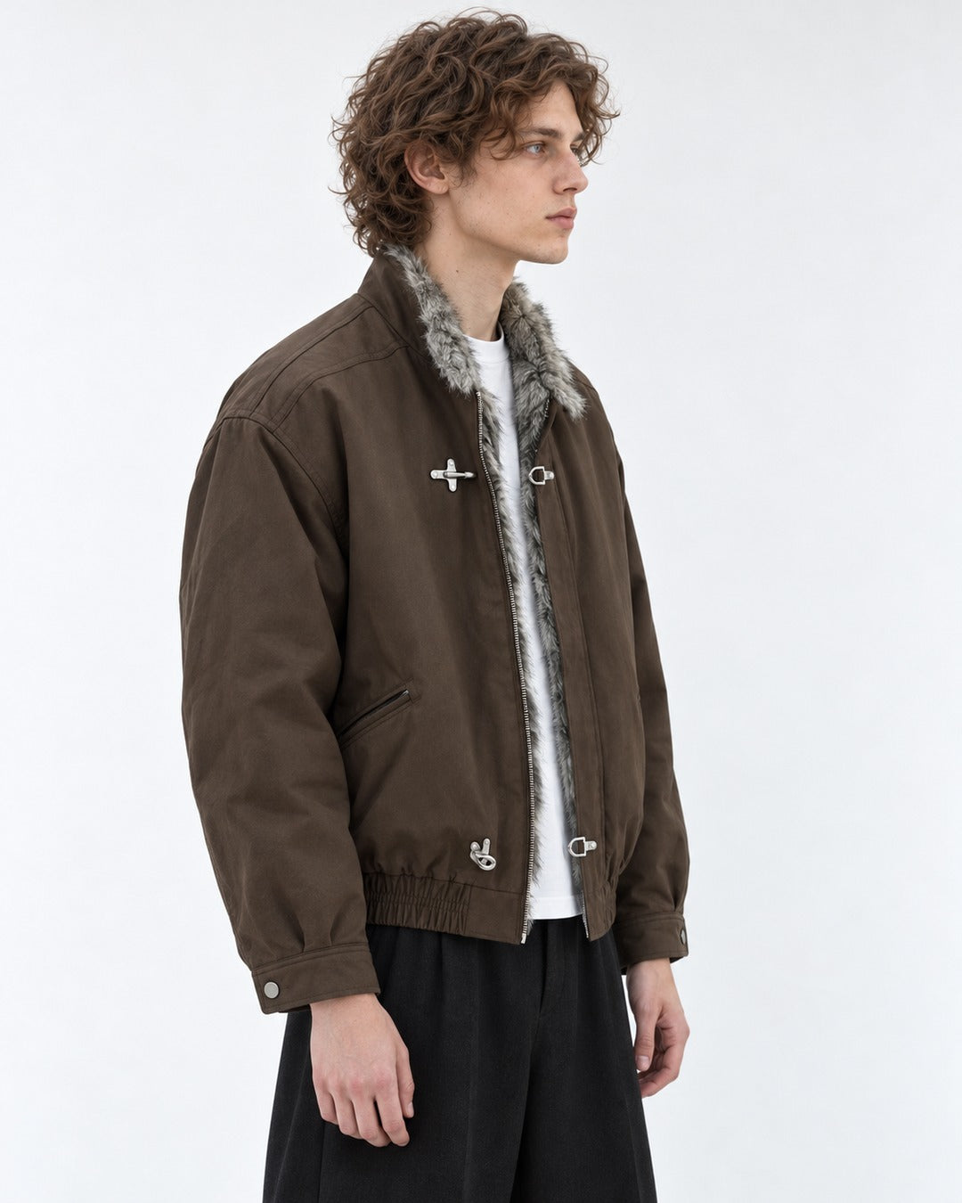 Hook Clasp Fur Collar Bomber Jacket