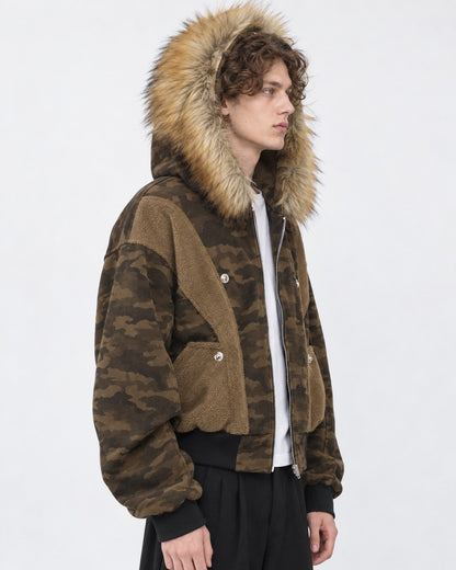 Camouflage Panelled Hooded Bomber with Fur Trim
