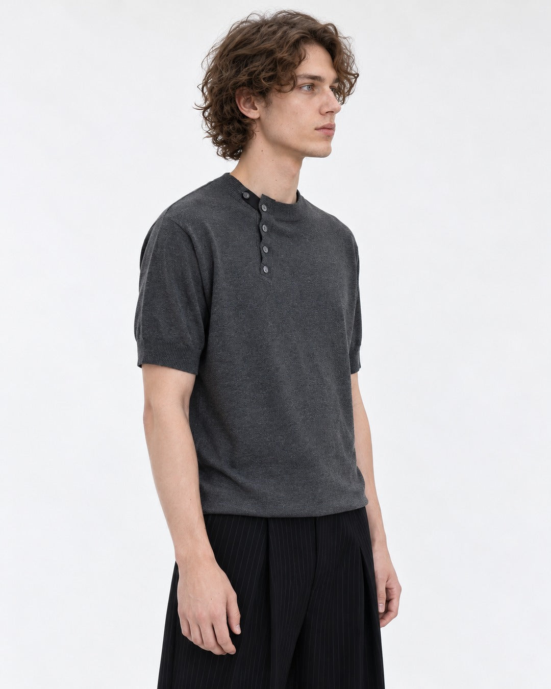 Diagonal-Button Henley Knit Top