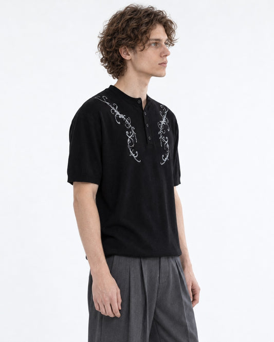 Henley Knit Top with Embroidered Scrollwork