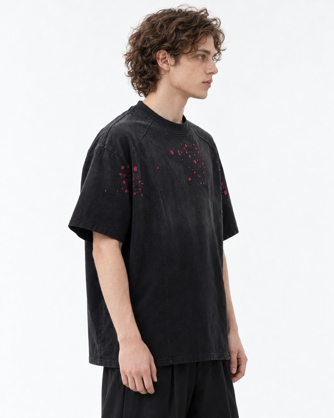 Red Splatter Seamed Black T-Shirt