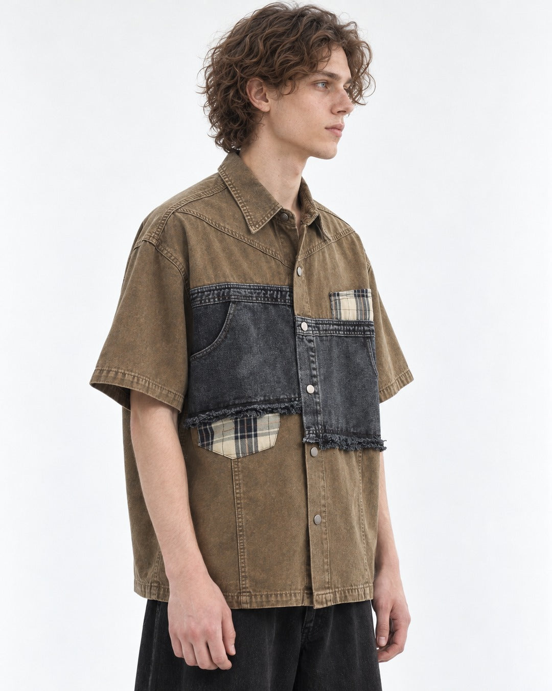 Distressed Denim Patchwork Short-Sleeve Shirt
