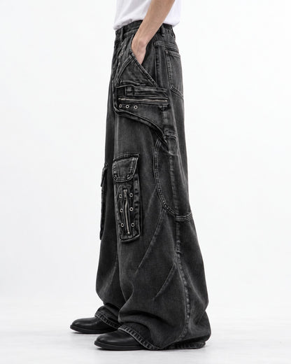Eyelet Cargo Pocket Wide-Leg Jeans