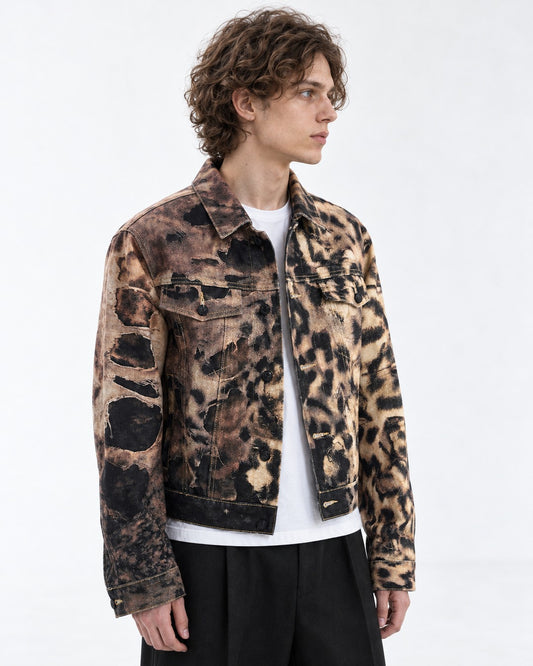 Distressed Leopard Print Denim Jacket
