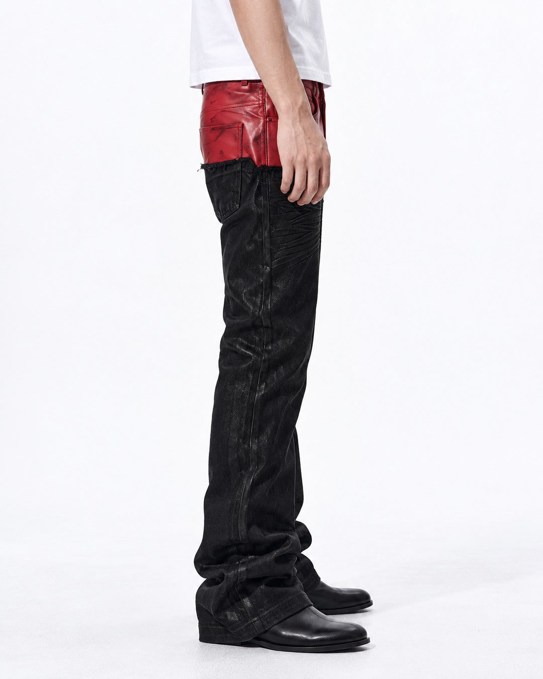 Red Panel Waist Coated Flared Jeans
