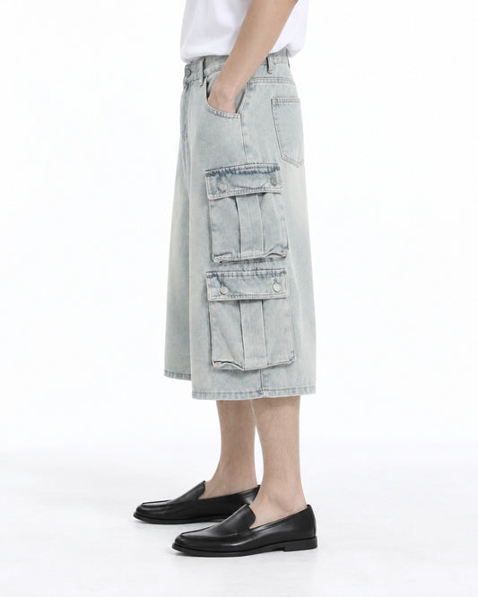 Washed Denim Double Flap Cargo Shorts