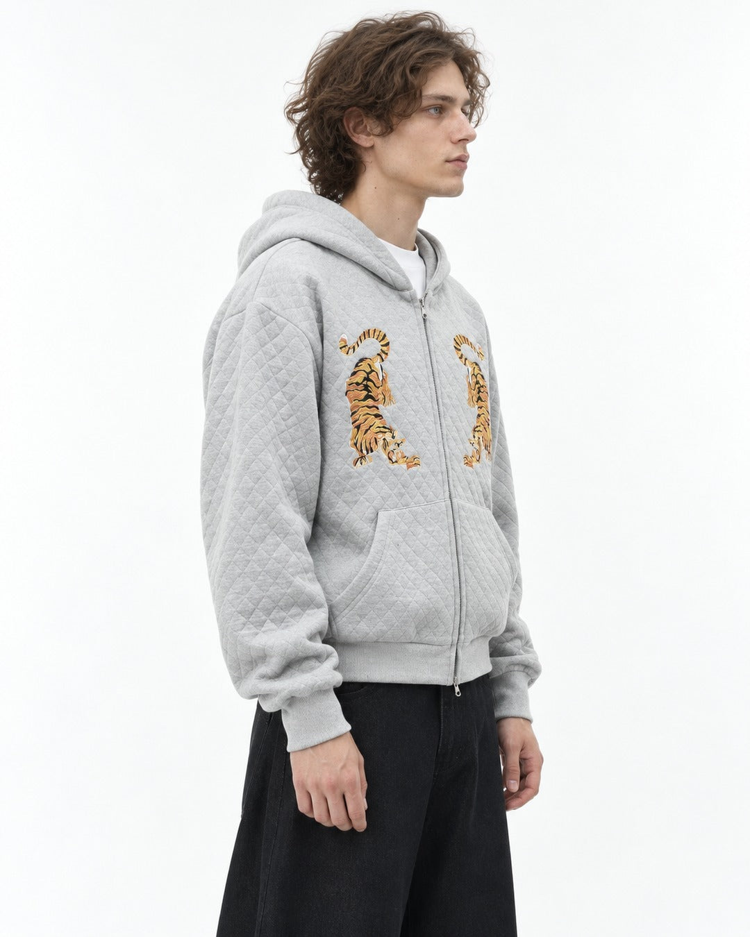 Tiger Embroidered Quilted Zip Hoodie
