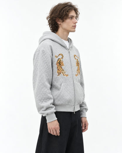 Tiger Embroidered Quilted Zip Hoodie