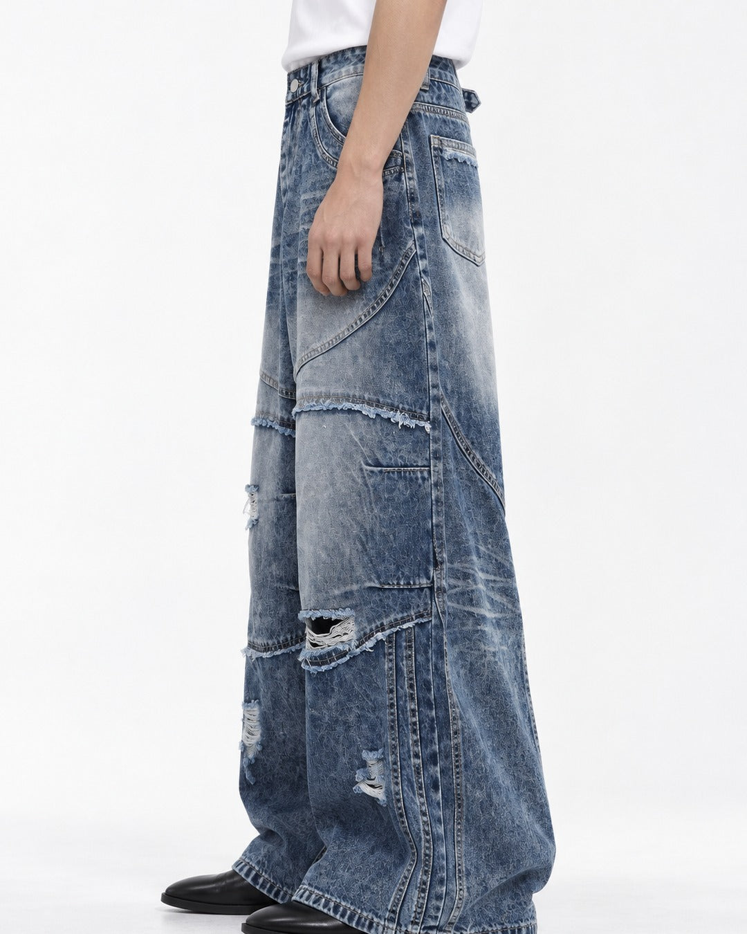 Stacked-Panel Frayed Blue Wide-Leg Jeans