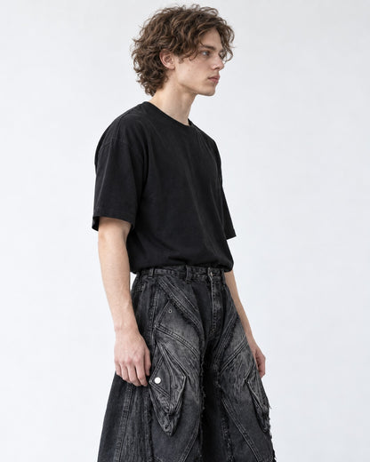 Raw-Edge Curved-Pocket Wide Denim
