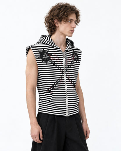 Striped Zip Hooded Vest with Spiked Chain Print