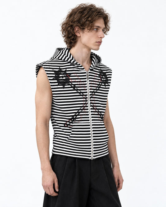Striped Zip Hooded Vest with Spiked Chain Print