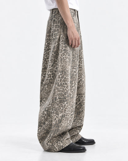 Washed Leopard Barrel Wide-Leg Pants