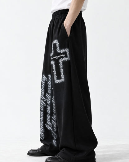 Cross Script Print Wide Sweatpants