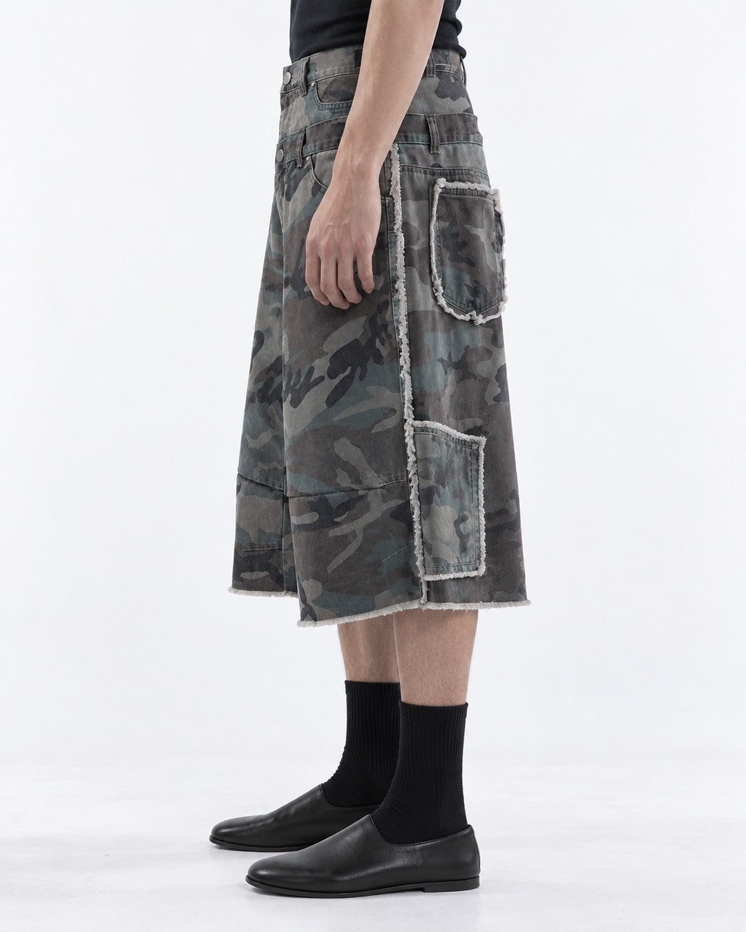 Frayed Camouflage Double Waist Shorts