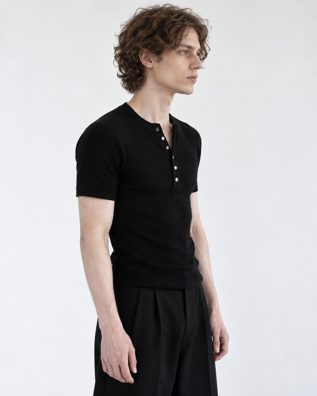 Ribbed Henley Tee with Metal Buttons