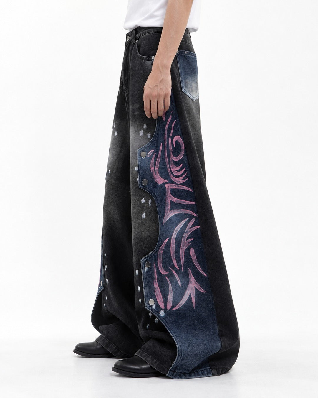 Pink Tribal Pattern Blue-Panel Black Wide-Leg Jeans
