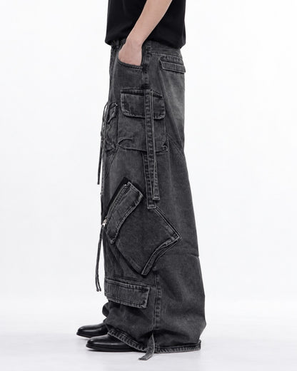 Strap Pocket Washed Wide-Leg Jeans