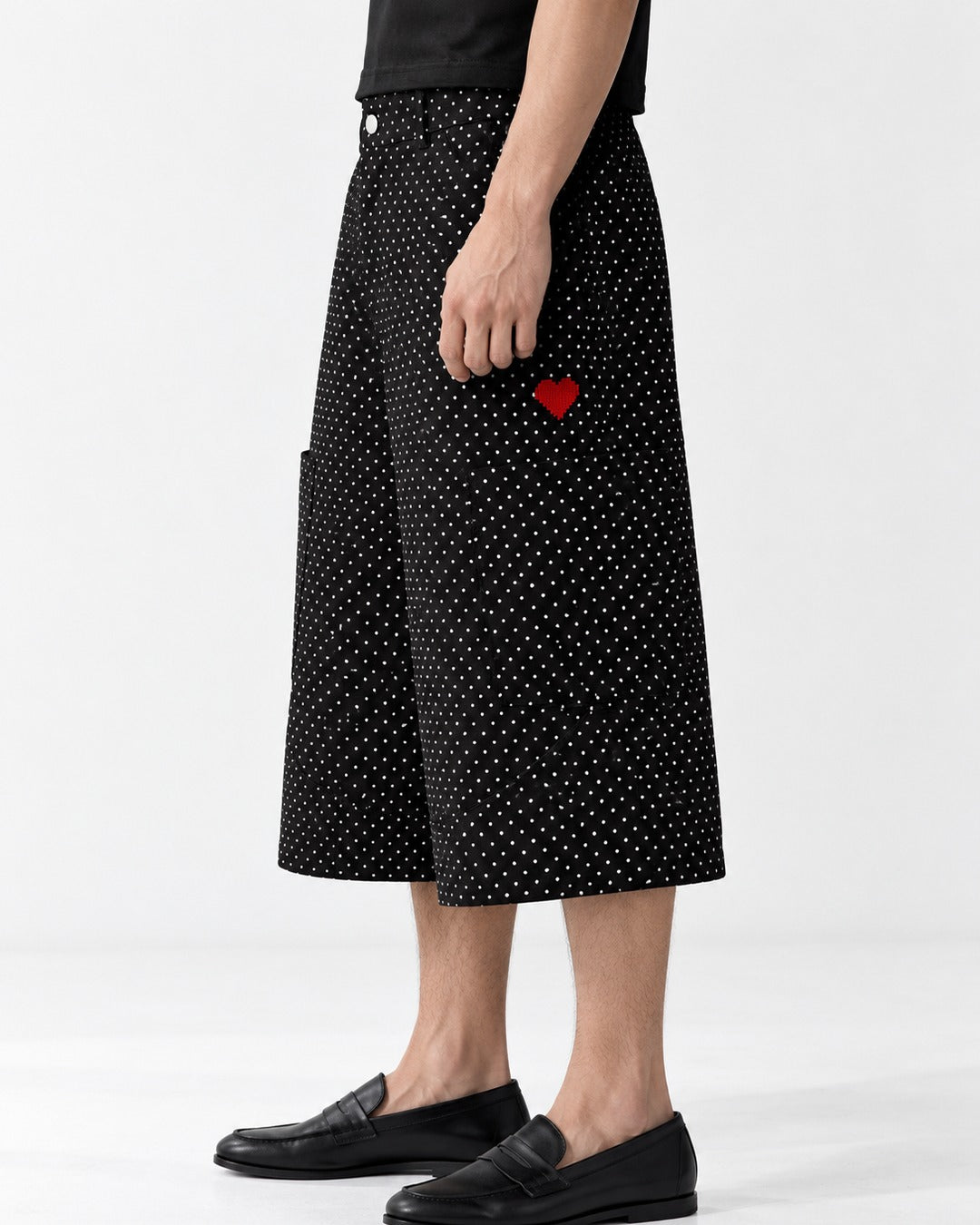 Polka Dot Wide Knee-Length Pants with Heart Embroidery