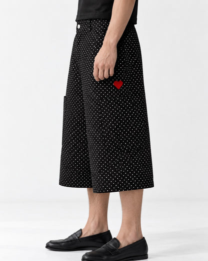 Polka Dot Wide Knee-Length Pants with Heart Embroidery