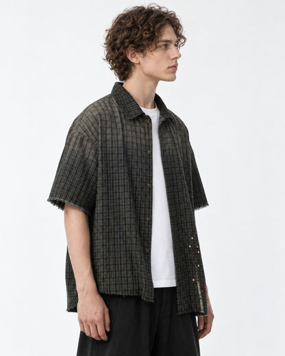 Frayed Hem Faded Plaid Short Sleeve Shirt