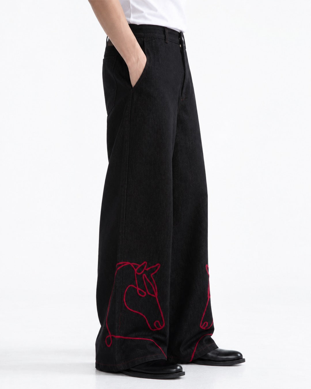 Red Horse Embroidered Wide-Leg Jeans