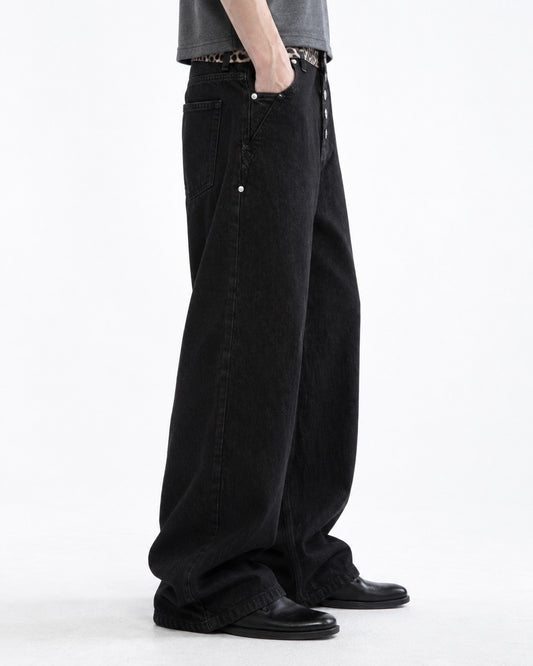 Leopard Waist Button Fly Wide Black Jeans