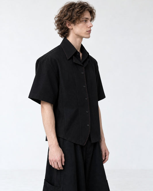 Double Collar Hand-Stitched Short-Sleeve Shirt