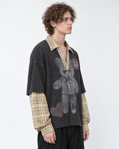 Layered Plaid-Trim Bear Graphic Knit Top