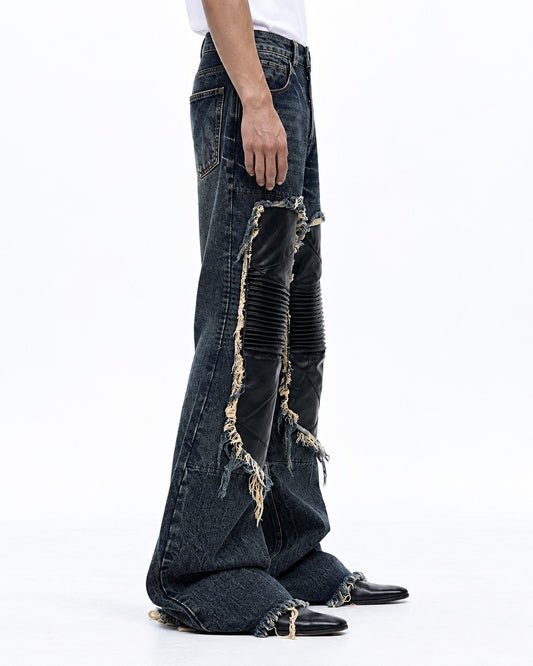 Leather Knee Patch Flared Jeans