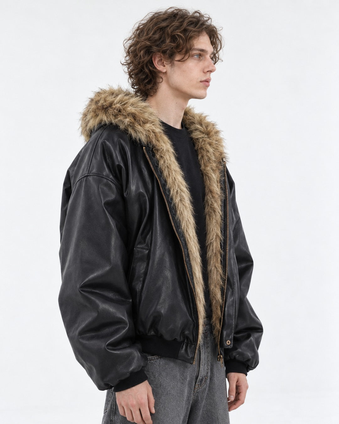 Faux-Fur Lined Hooded Leather Bomber
