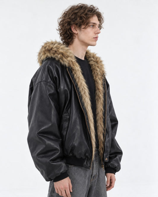 Faux-Fur Lined Hooded Leather Bomber