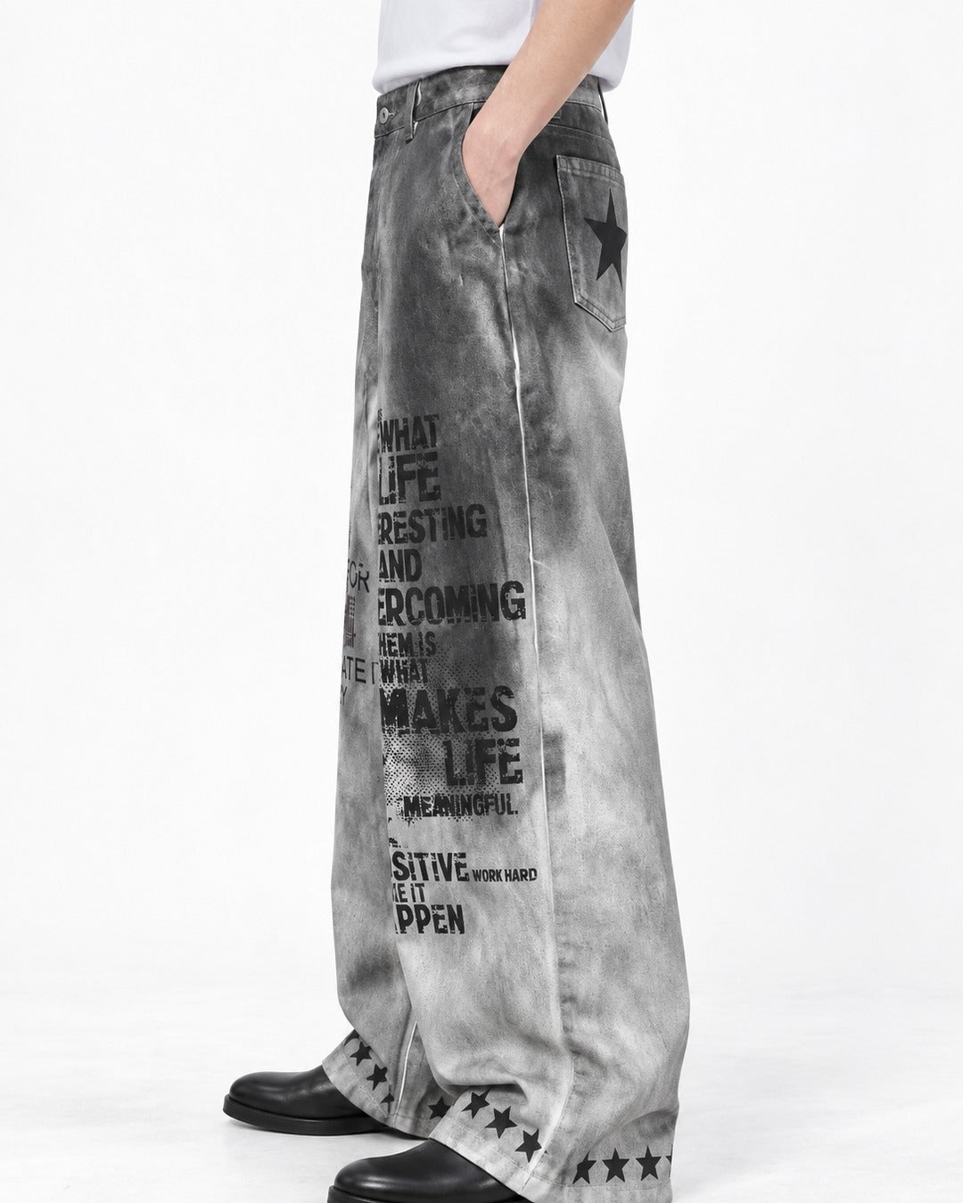 Gray Gradient Slogan Print Wide Pants