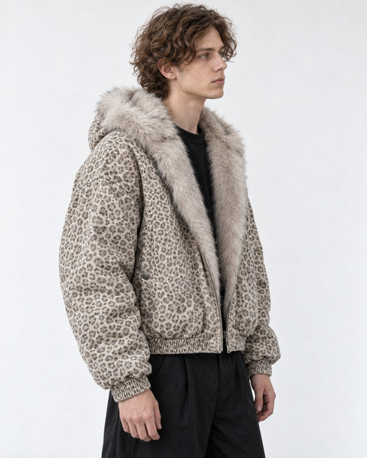 Leopard Print Hooded Jacket with Plush Collar