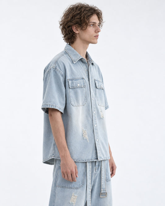 Faded Denim Shirt and Ripped Wide-Leg Jeans Set-Up