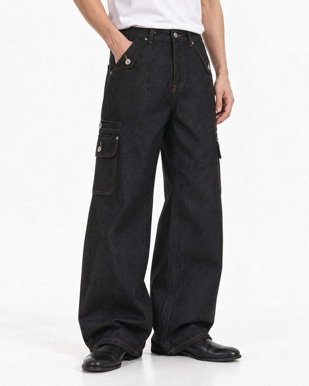 Contrast-Stitch Flap-Pocket Straight-Leg Jeans