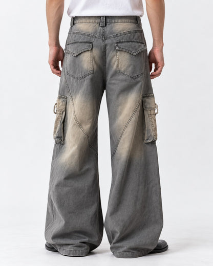 Studded Seam Faded Cargo Jeans