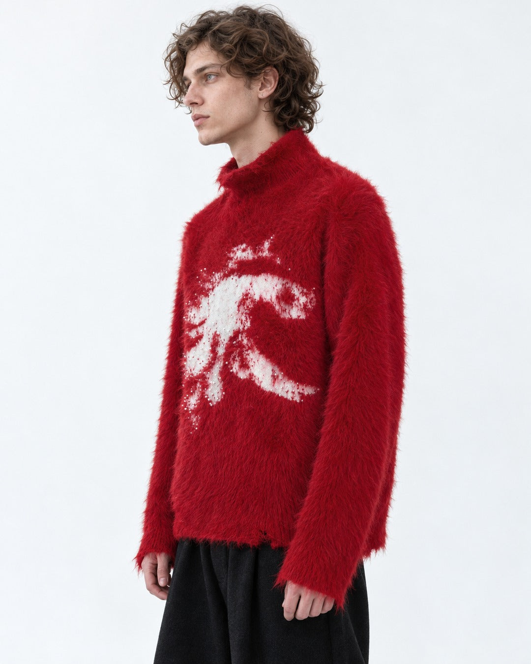 Brushed Horse-Intarsia Mock-Neck Sweater
