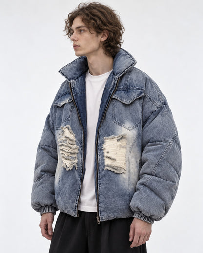 Ripped Patch Denim Puffer Jacket