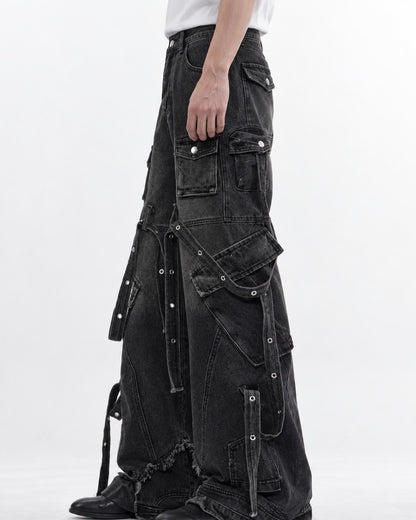 Strap Detail Frayed Hem Jeans
