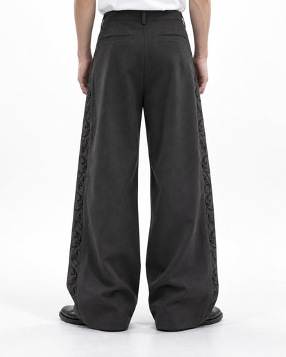 Pleated Wide-Leg Trousers with Side Embroidery