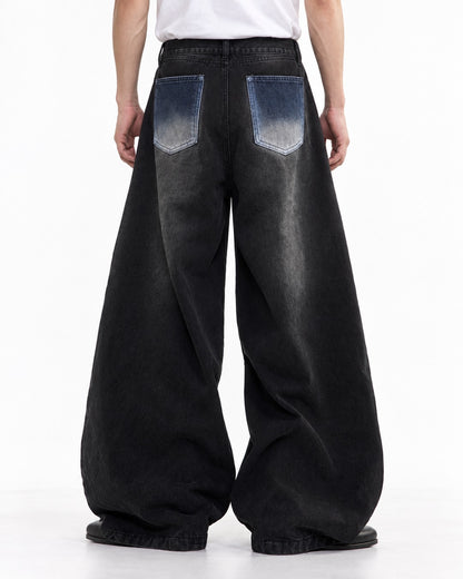 Pink Tribal Pattern Blue-Panel Black Wide-Leg Jeans