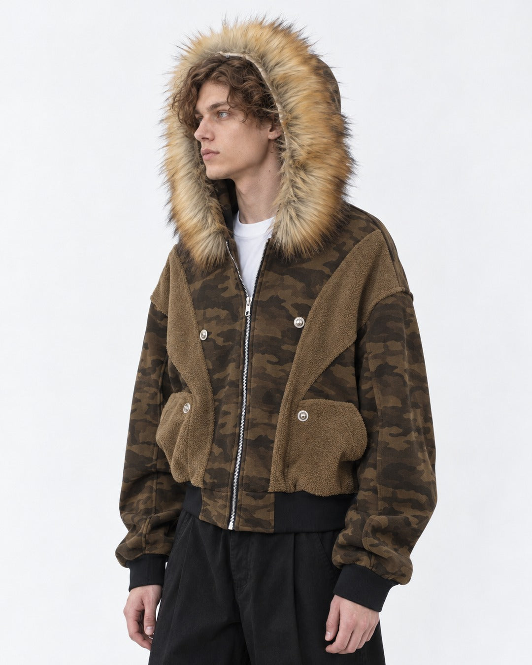 Camouflage Panelled Hooded Bomber with Fur Trim