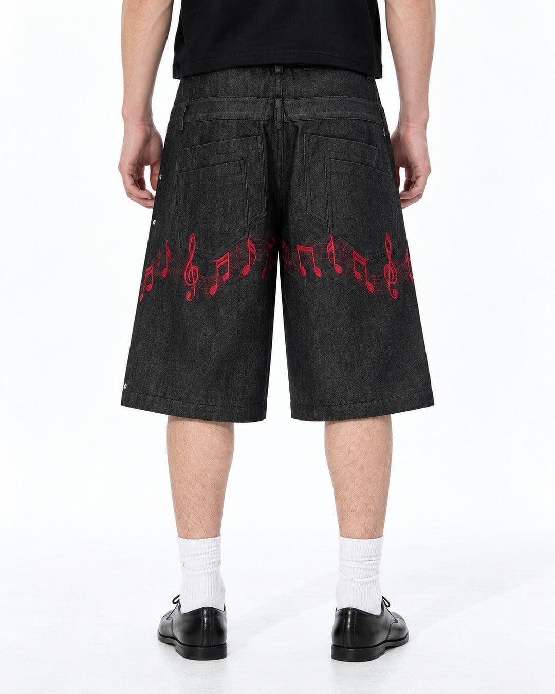 Music Note Embroidered Studded Denim Shorts