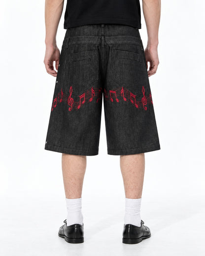 Music Note Embroidered Studded Denim Shorts