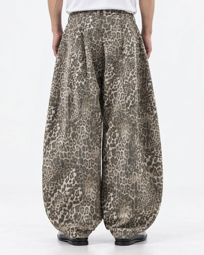 Washed Leopard Barrel Wide-Leg Pants