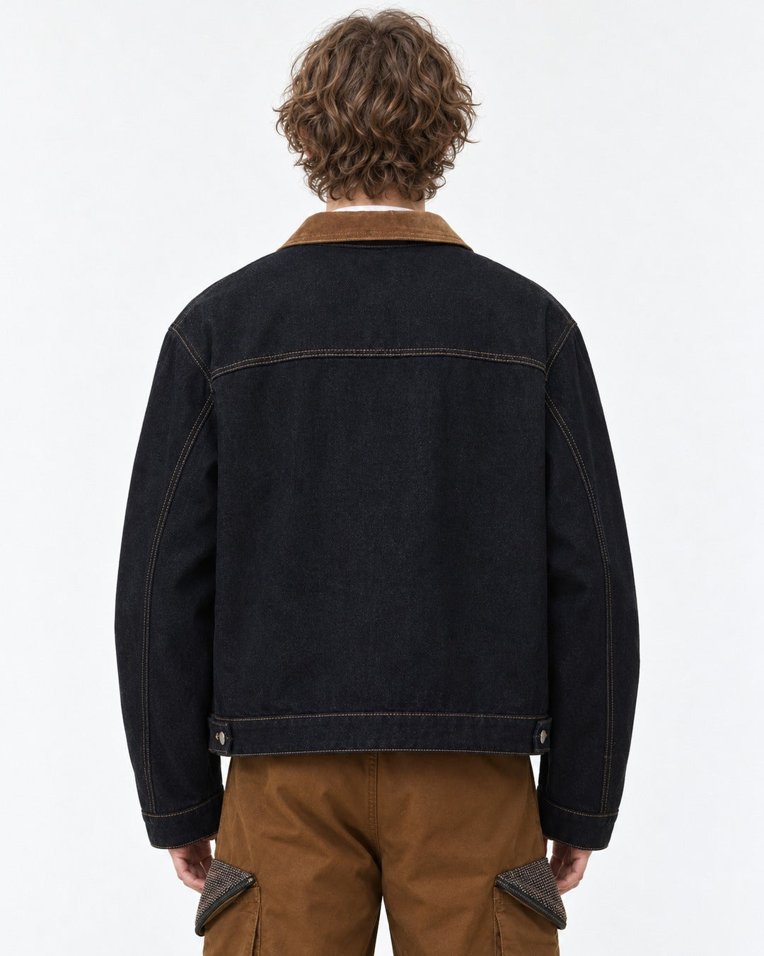 Corduroy Collar Denim Jacket and Cargo Pants Set